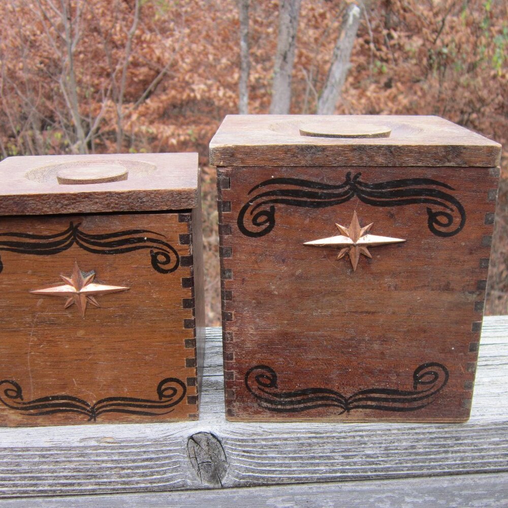 MCM Wood Kitchen Canisters Vintage Hand Carved Hardwood Japan CI Star Nesting